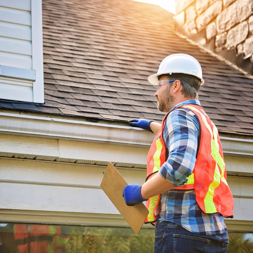 roofer standing on steps inspecting house roof in San Diego